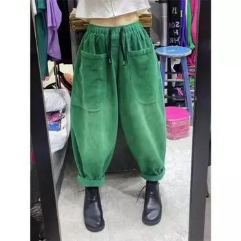 Эластичный пояс на шнурке с заниженным шаговым швом, вельветовые шаровары с большим карманом, женские мешковатые свободные широкие спортивные штаны, однотонные осенние штаны M