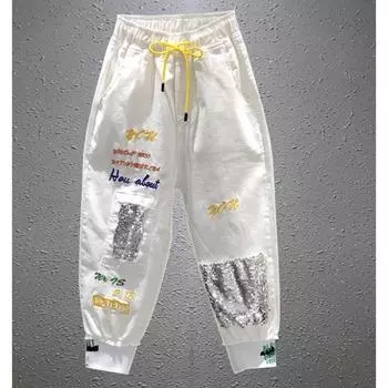 Эластичный пояс на шнурке, вышивка буквами, блестками, джоггеры, гарем, джинсы длиной до щиколотки, женские джинсовые брюки, спортивный костюм-карго, белые джинсы с карманом M