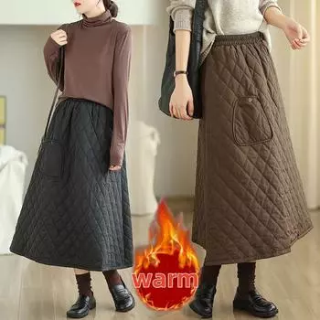 Эластичный пояс, осенне-зимний дизайн, ретро, плотная стеганая юбка А-силуэта, универсальная юбка средней длины, большой размер L чёрный