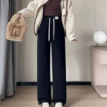 Эластичный пояс с завязками на шнурке, плотные широкие брюки, женские однотонные брюки, теплые и удобные, осень и зима S чёрный