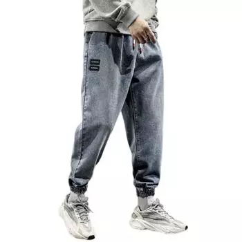 Эластичный пояс со средней посадкой, термоусадочные манжеты на шнурке, повседневные джинсы, мужские джинсы с несколькими карманами, джинсовые спортивные штаны в стиле хип-хоп, уличная одежда M синий