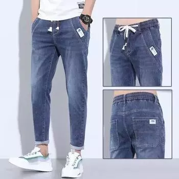 Эластичный пояс, светло-стираные джинсы, свободный крой, модные брендовые шаровары, повседневная модель весна-лето, тонкая версия для мужчин XXXXL светло-синий