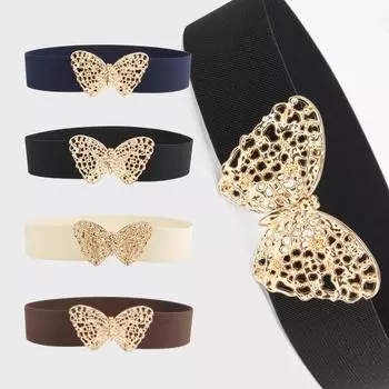 Эластичный ремень с пряжкой-бабочкой, женский модный широкий ажурный блестящий пояс, женский джинсовый пояс для платья, эластичная резинка на талии темно-синий