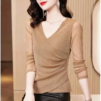 Эластичный сетчатый топ, осенняя женская блестящая шелковая рубашка с длинными рукавами, плиссированная нижняя рубашка, облегающая футболка для мамы M серый