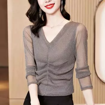 Эластичный сетчатый топ, осенняя женская блестящая шелковая рубашка с длинными рукавами и плиссированной нижней частью, облегающая футболка для мамы M чёрный