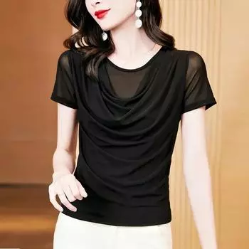 Эластичный сетчатый верх с половиной рукавом, однотонные рубашки с вырезом ворсом, летние женские плиссированные тонкие рубашки M чёрный