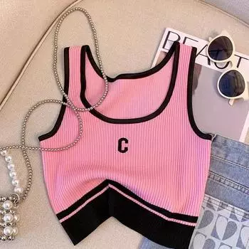 Эластичный топ-майка с буквенным принтом, трикотажная в рубчик, цветные блоки, трикотажный повседневный топ без рукавов с круглым вырезом, женская одежда, укороченный топ XL розовый