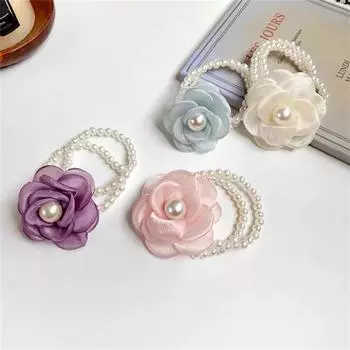Эластичный жемчужный ремешок на запястье, резинки для волос с цветком для женщин, держатель для хвоста с цветком, браслет для галстука с цветком, жемчужный галстук для волос розовый
