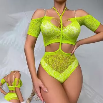 Эластичный женский комплект сексуального кружевного нижнего белья с открытой спиной, прозрачный комбинезон для ночного клуба, комплект нижнего белья, бюстгальтер и стринги S зелёный