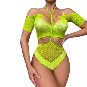 Эластичный женский комплект сексуального кружевного нижнего белья с открытой спиной, прозрачный комбинезон для ночного клуба, комплект нижнего белья, бюстгальтер и стринги S зелёный