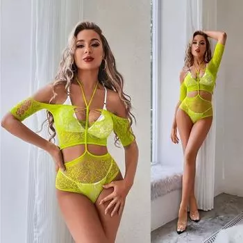 Эластичный женский комплект сексуального кружевного нижнего белья с открытой спиной, прозрачный комбинезон для ночного клуба, комплект нижнего белья, бюстгальтер и стринги S