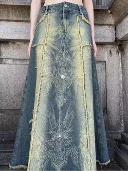 Элегантная эстетичная синяя джинсовая юбка Y2k, женская повседневная юбка с принтом тай-дай в стиле Харадзюку, корейская девушка, модная уличная одежда, джинсовая одежда трапециевидной формы 2024 L синий