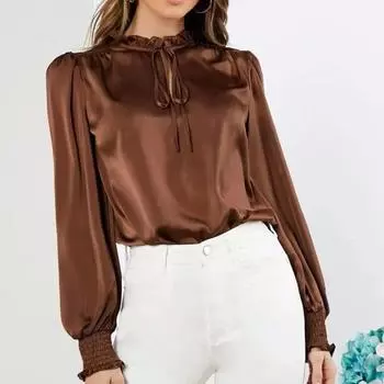 Элегантная атласная блузка для женщин, офисные женские однотонные шелковые рубашки на шнуровке с длинными рукавами, летние зеленые блузки с рюшами на шее, топы Blusas 23346 S изумрудный/зелёный