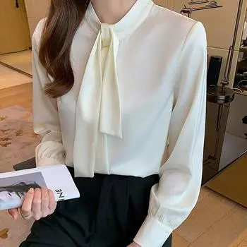 Элегантная атласная блузка для женщин, женские офисные шелковые рубашки с длинным рукавом и воротником-стойкой, однотонные топы, женская одежда Blusas 19261 S бежевый
