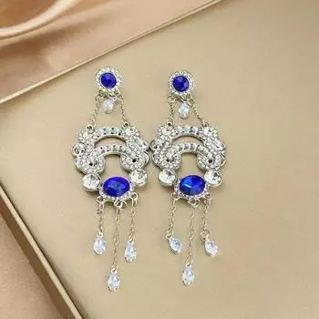 Элегантная атмосфера, изысканные роскошные серьги с синим цирконом, полные стразы, искусственный жемчуг, длинные женские серьги с кисточками