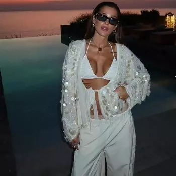 Элегантная белая рубашка на шнуровке с блестками в стиле пэчворк для женщин с длинным рукавом и V-образным вырезом, свободное короткое тонкое пальто на осень-зиму, сексуальные блузки, легкий свободный топ XS