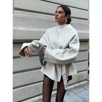 Элегантная белая шерстяная куртка со шнуровкой на поясе для женщин, модная короткая куртка с V-образным вырезом и длинным рукавом, женская уличная верхняя одежда S бежевый