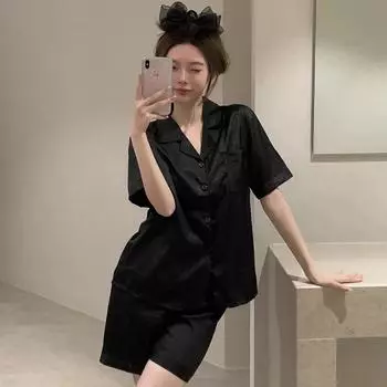 Элегантная благородная классическая черная женская пижама премиум-класса с узором «елочка» из твила Y2k короткая домашняя одежда для сна новая летняя ночная рубашка M чёрный