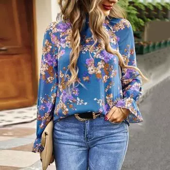 Элегантная блузка с длинным рукавом с цветочным принтом, темпераментная офисная женская шифоновая рубашка, весенние топы с круглым вырезом и цветочным принтом Blusas 28180 S орион