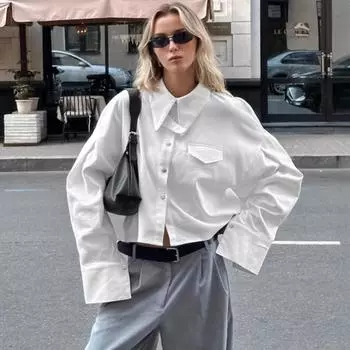 Элегантная блузка женская с длинным рукавом топы однотонные свободные рубашки с отложным воротником хлопковая офисная женская осенняя рабочая одежда S белый