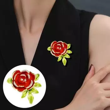 Элегантная брошь с инкрустацией цветком розы, булавка, блестящие стразы, креативная шляпа, шаль, шарф, эмалированный значок красный