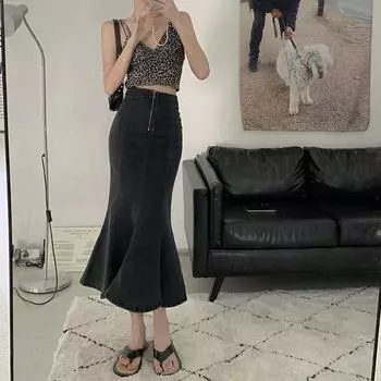 Элегантная черная эластичная юбка-бюстье с открытыми плечами для женщин на лето, облегающая юбка-рыбий хвост с высокой талией, удобная модная джинсовая юбка-бюстье S синий