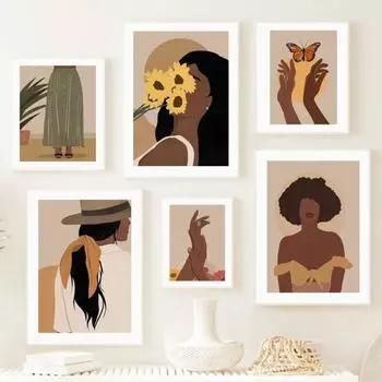 Элегантная черная девушка подсолнечник холст искусство абстрактный настенный декор для гостиной спальни HD печать плакат с растением шляпа юбка Desi 21cm30cm NoFrame