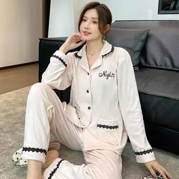Элегантная черная кружевная флисовая женская пижама корейская простая повседневная женская домашняя одежда осень-зима модная одежда для сна M