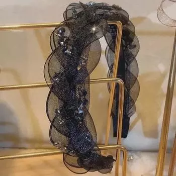 Элегантная черная плетеная повязка на голову со стразами - модный, легкий аксессуар для женщин