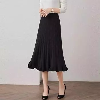 Элегантная черная трикотажная юбка для женщин осень-зима повседневная эластичная талия А-силуэта миди юбка винтажная одежда больших размеров S чёрный