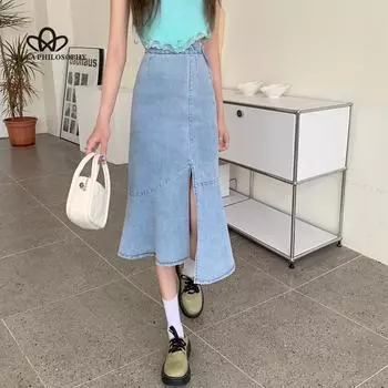 Элегантная джинсовая юбка с разрезом для женщин, летняя вечерние миди с высокой талией, милая юбка, женская трапециевидная пляжная облегающая повседневная юбка S синий