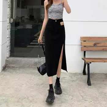 Элегантная джинсовая юбка с высокой талией и боковыми разрезами, женская тонкая юбка-бюстье, облегающая юбка А-силуэта, облегающая бедра, летняя модная джинсовая юбка-бюстье средней длины S светло-синий