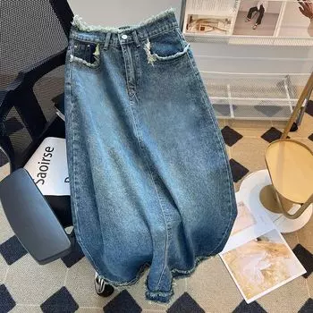 Элегантная джинсовая юбка женская А-силуэт с необработанным краем, дизайн халтер, черная, серая, грушевидной формы, высокая талия, прямой, пакет, бедра, средняя длина, модная джинсовая юбка-бюстье S черный серый