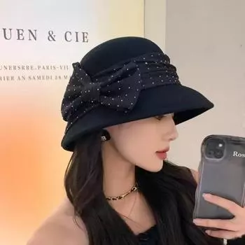 Элегантная фетровая шляпа из шерсти в стиле Хепберн, женская зимняя модная шляпа рыбака со стразами и кружевным бантом, теплая уличная шляпа с абажуром 56-58cm