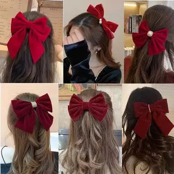 Элегантная французская красная и черная бархатная заколка-бантик для женщин