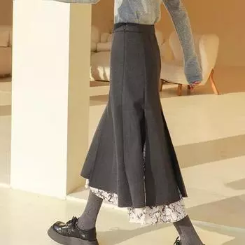 Элегантная французская шерстяная серая паркетная юбка средней длины в стиле Хепберн, юбка-трапеция с высокой талией, имитация двухсекционной юбки L серый