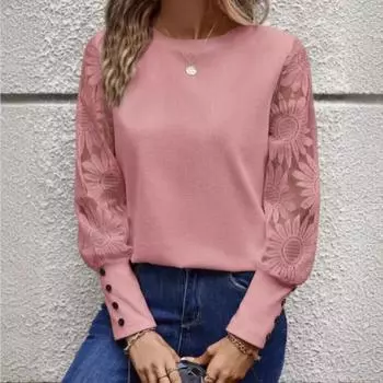 Элегантная футболка с круглым вырезом и длинными рукавами из цветочного кружева — мягкая, дышащая и удобная для весны и осени S белый