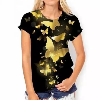 Элегантная футболка с принтом золотой бабочки, женская футболка из полиэстера с круглым вырезом Harajuku, повседневный пуловер с героями мультфильмов, уличная одежда, женские топы M