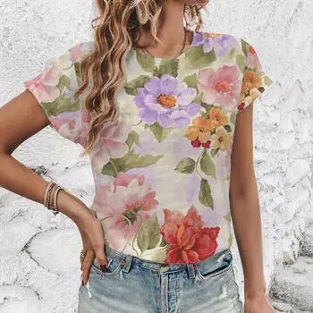 Элегантная футболка в винтажном стиле с цветочным принтом, летняя свободная дышащая женская футболка, новая модная футболка с круглым вырезом XXS