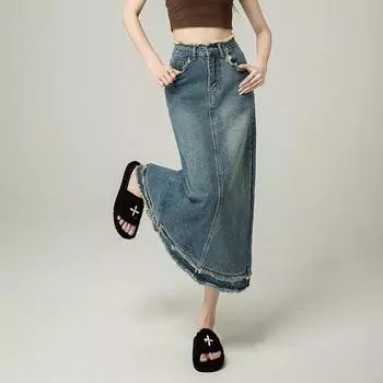 Элегантная грушевидная ретро-юбка с высокой талией для женщин, летняя А-силуэт, прямая, средней длины, из мешковины, универсальная, удобная, модная, джинсовая юбка-бюстье S джинсовый