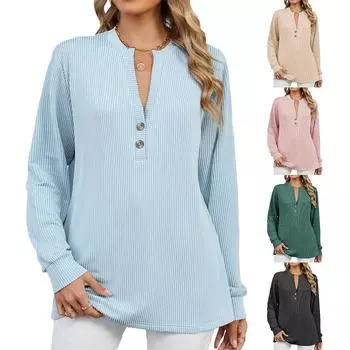 Элегантная и классическая универсальная и удобная осенне-зимняя футболка с V-образным вырезом, пуговицами, полосатым узором и длинными рукавами, повседневная футболка с длинными рукавами S