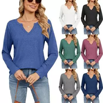 Элегантная и классическая универсальная и удобная осенне-зимняя футболка с V-образным вырезом, однотонная, с длинными рукавами, свободная женская футболка с длинными рукавами S
