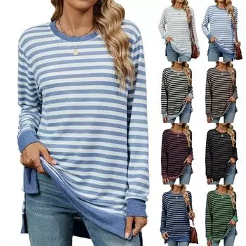 Элегантная и модная осенне-зимняя удобная однотонная полосатая футболка с круглым вырезом и длинными рукавами, повседневная футболка, свитер, толстовка с капюшоном S