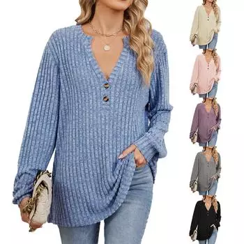 Элегантная классическая универсальная удобная осенне-зимняя футболка с V-образным вырезом, пуговицами, полосками, шерстяная свободная футболка с длинными рукавами, женская футболка с длинными рукавами S