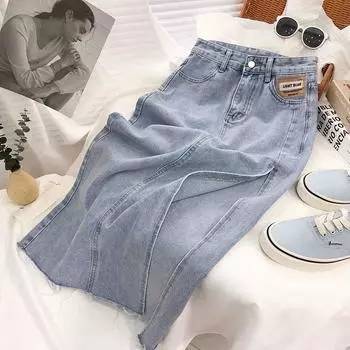 Элегантная классическая женская юбка-бюстье с высокой талией, открытая сбоку, тонкая, средней длины, летняя, универсальная, удобная, модная, джинсовая юбка S светло-синий