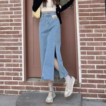 Элегантная классическая женская юбка-бюстье с разрезом по бокам, с высокой талией, тонкая, средней длины, с пакетом на бедрах, универсальная, удобная, модная, джинсовая юбка-бюстье S светло-синий