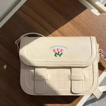 Элегантная клетчатая сумка на плечо для женщин, милая сумка в студенческом стиле с цветочной вышивкой, квадратная кожаная модная женская сумка-портфель