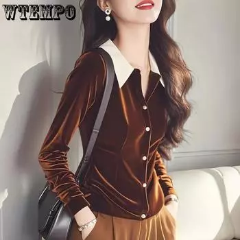 Элегантная кофейная бархатная рубашка WTEMPO во французском стиле для женщин, весна-осень, стильные высококачественные повседневные мягкие блузки на пуговицах S кофейный
