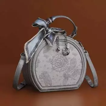 Элегантная круглая сумка с вышивкой — универсальная сумка на плечо и через плечо для женщин 19 x 9 x 17 cm серый