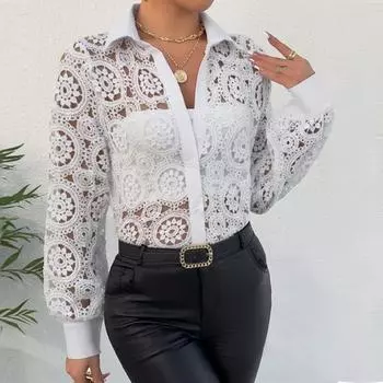 Элегантная кружевная белая рубашка с длинным рукавом для женщин, сексуальные модные полые блузки с отложным воротником, офисные топы на пуговицах, женская одежда 366 S белый